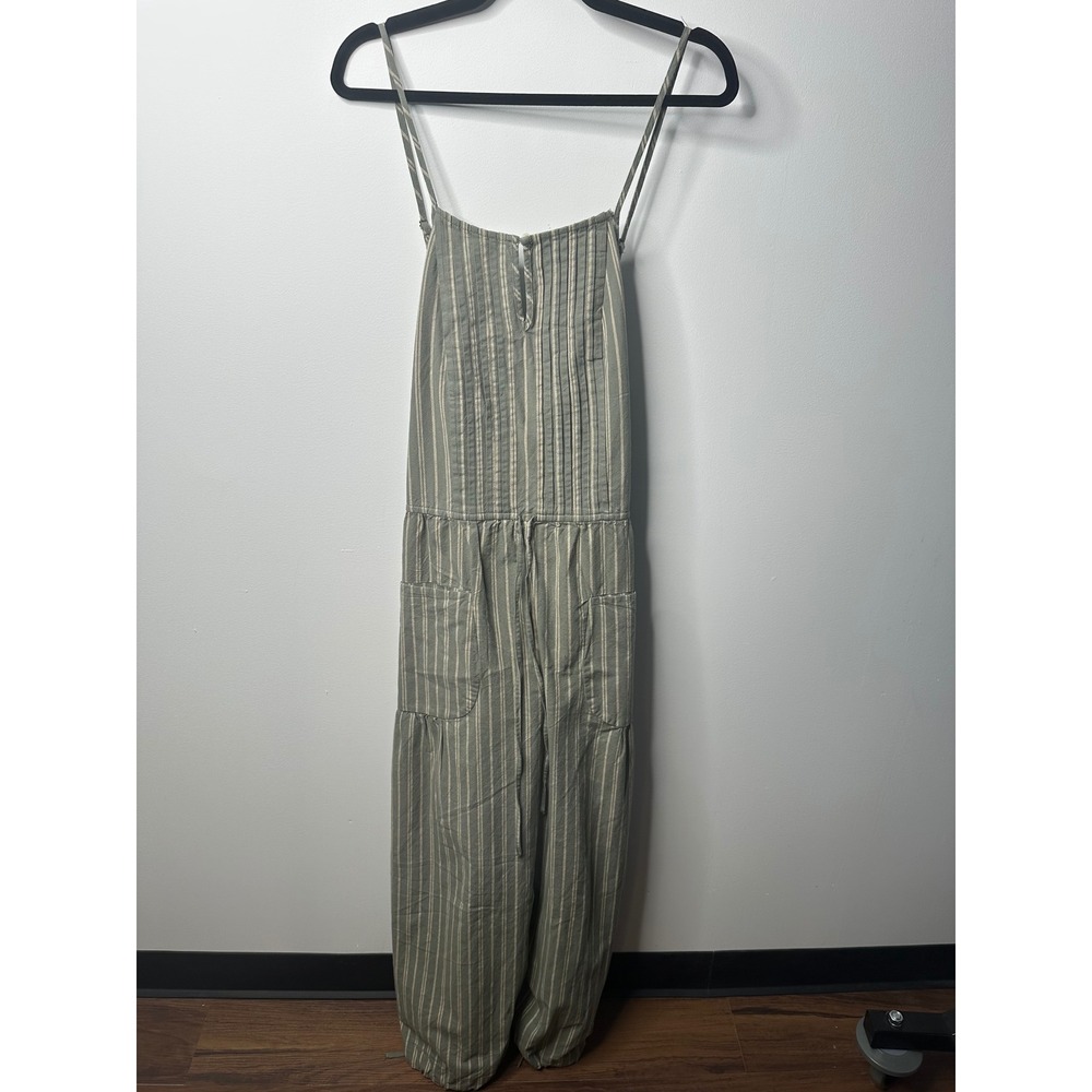 Free People Striped Pleated Bib Jumpsuit Olive Green Cream XL NWT Boho Wide Leg